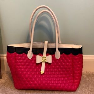 Betsey Johnson large hot pink black and white heart bow tote .